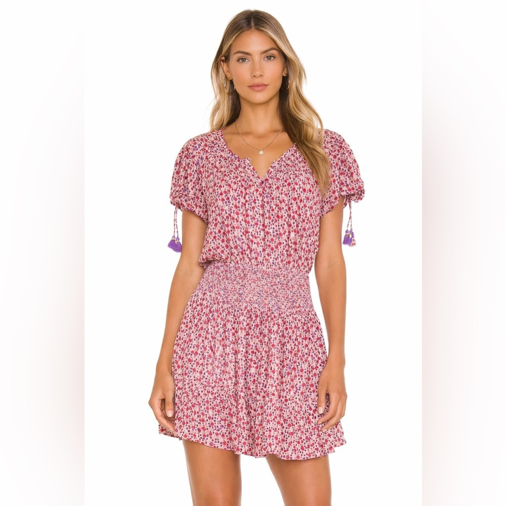 POUPETTE SAINT BARTH Pink Floral Smocked Mini Dress Tassel Tie Boho Medium